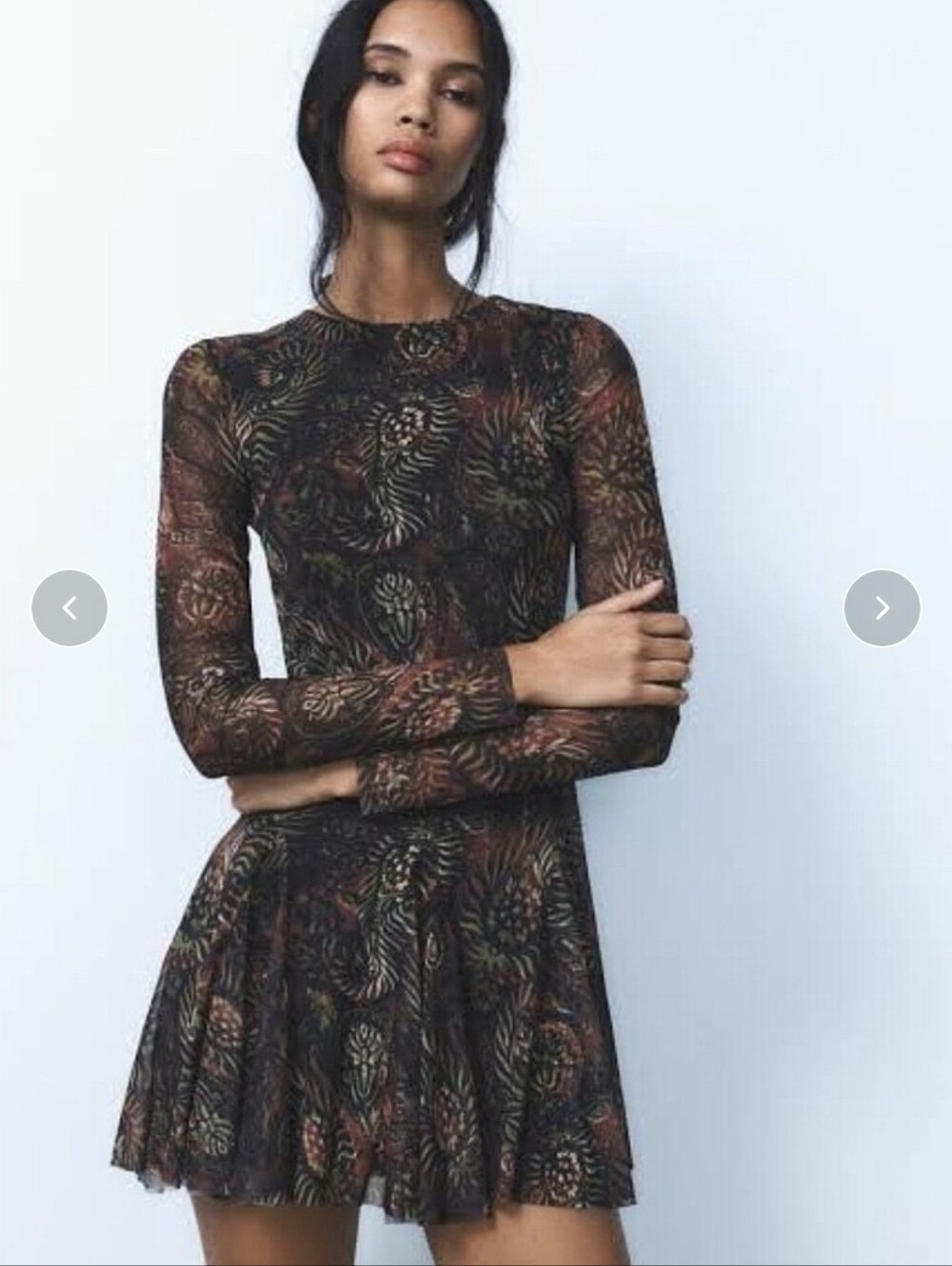 Zara Black Multi-Print Long-Sleeve Mesh Skater Dress